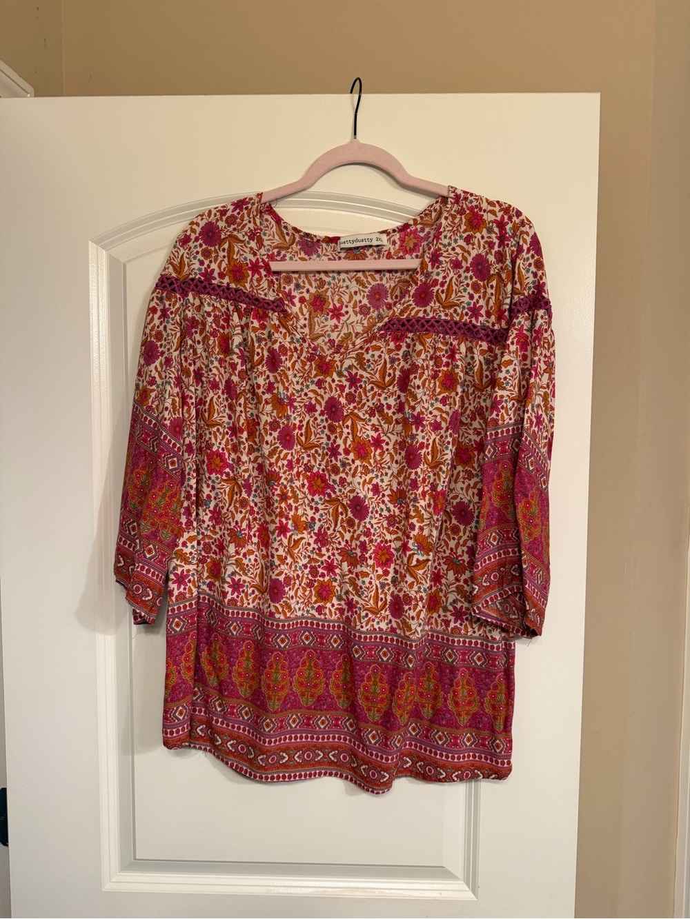 Rusttydustty Floral Border Print Tunic Top in Pink & Orange